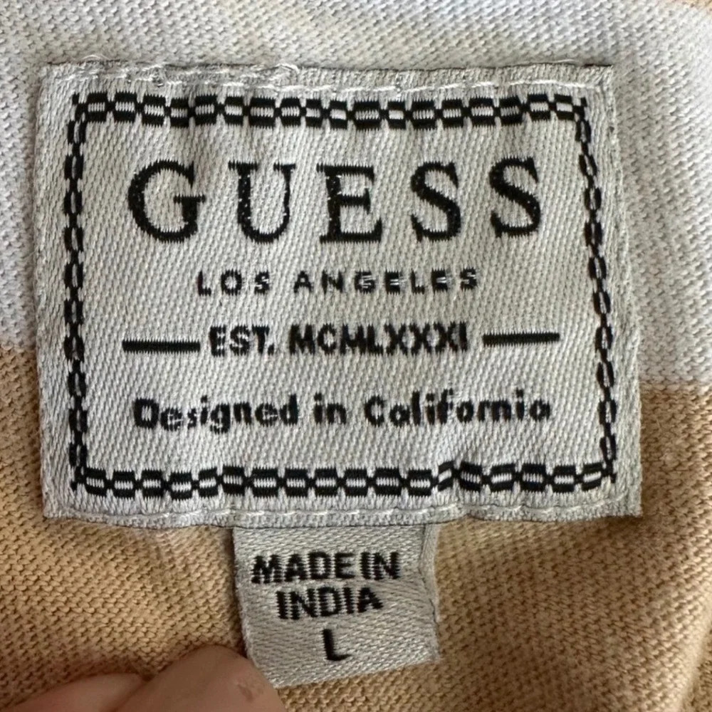 Guess Long Sleeve T-Shirt Mens Large Tan White‎ Striped Embroidered Logo